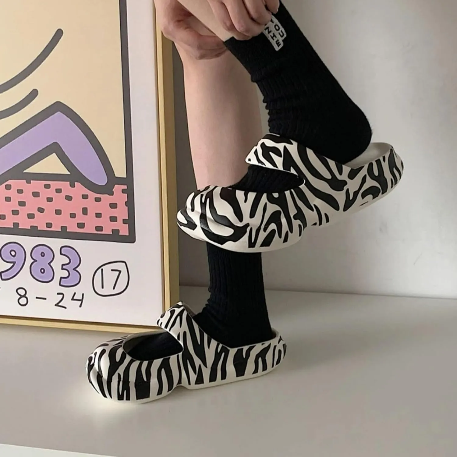 Cute Zebra Print Thick Sole Slippers Women Mary Jane Clogs with Hole EVA 1.2" Y2K Platform Height Increase Indoor Shower Sandals Outdoor Travel Beach Sandals