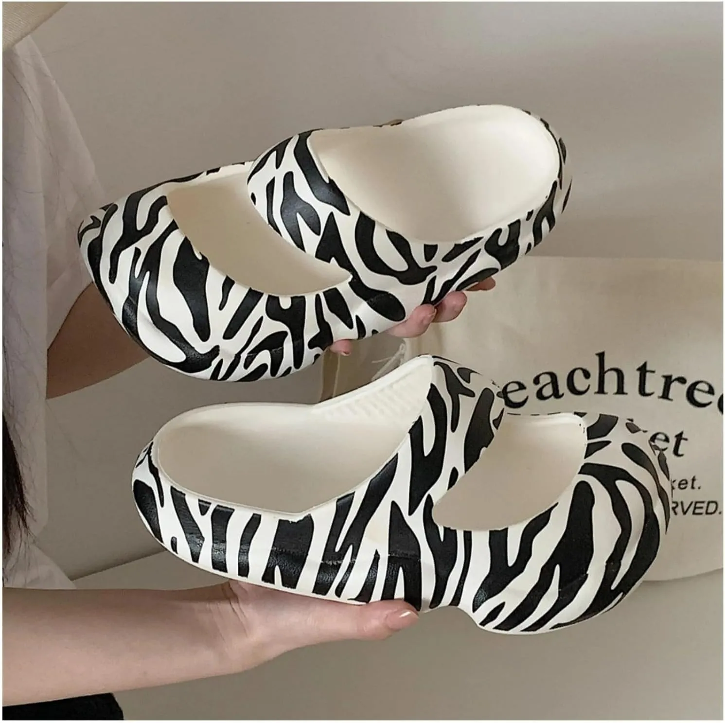Cute Zebra Print Thick Sole Slippers Women Mary Jane Clogs with Hole EVA 1.2" Y2K Platform Height Increase Indoor Shower Sandals Outdoor Travel Beach Sandals
