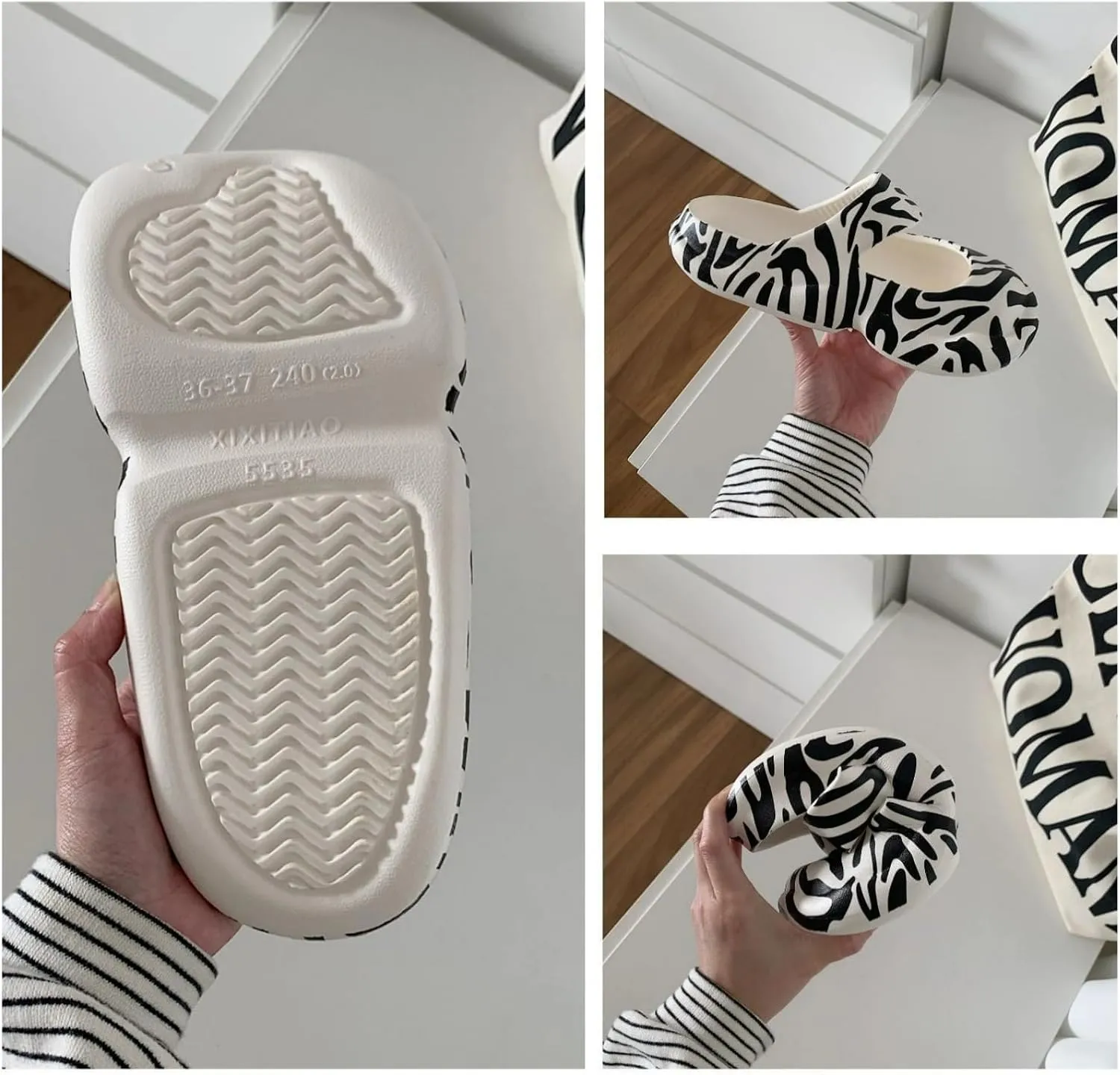 Cute Zebra Print Thick Sole Slippers Women Mary Jane Clogs with Hole EVA 1.2" Y2K Platform Height Increase Indoor Shower Sandals Outdoor Travel Beach Sandals