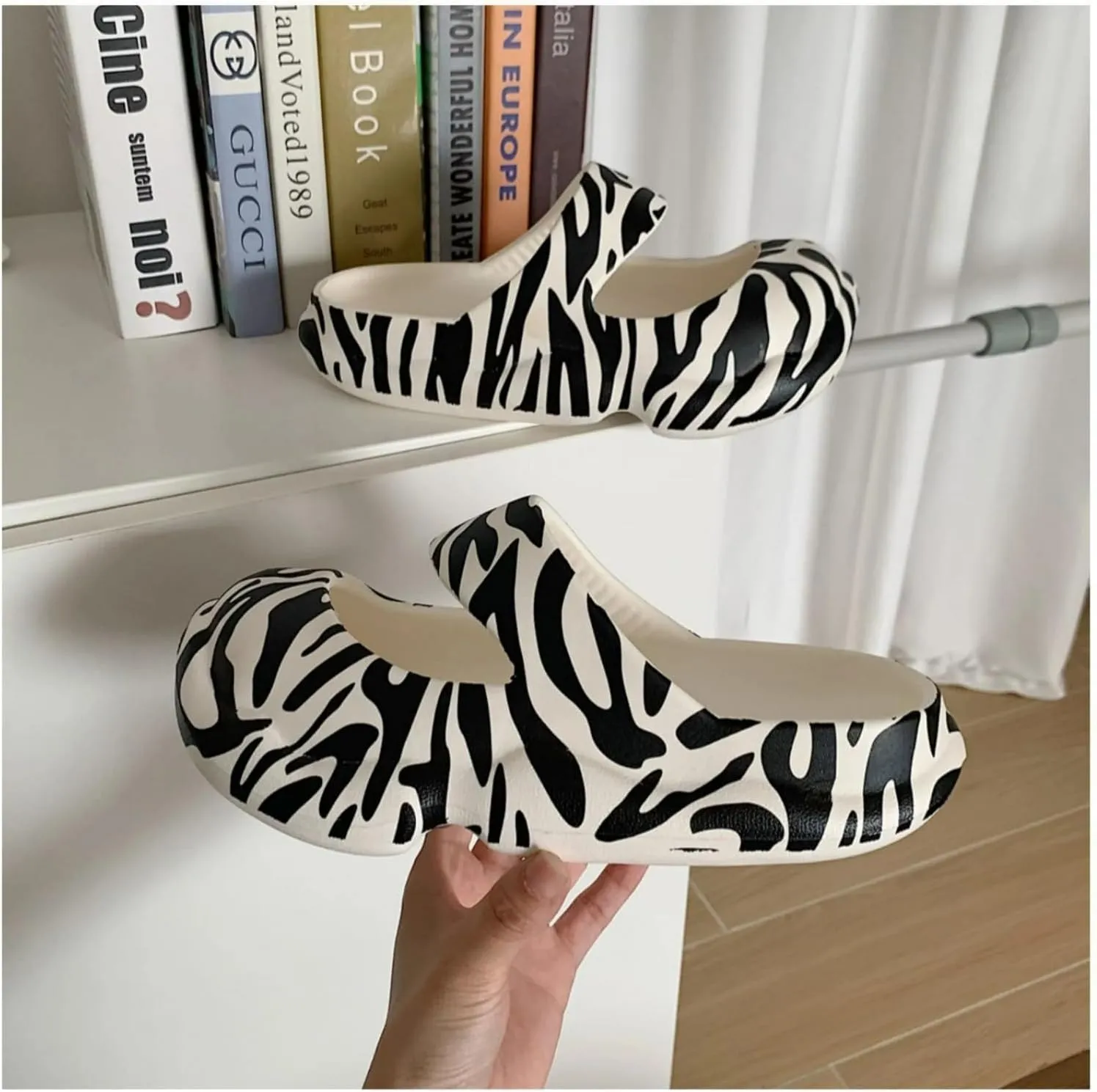 Cute Zebra Print Thick Sole Slippers Women Mary Jane Clogs with Hole EVA 1.2" Y2K Platform Height Increase Indoor Shower Sandals Outdoor Travel Beach Sandals