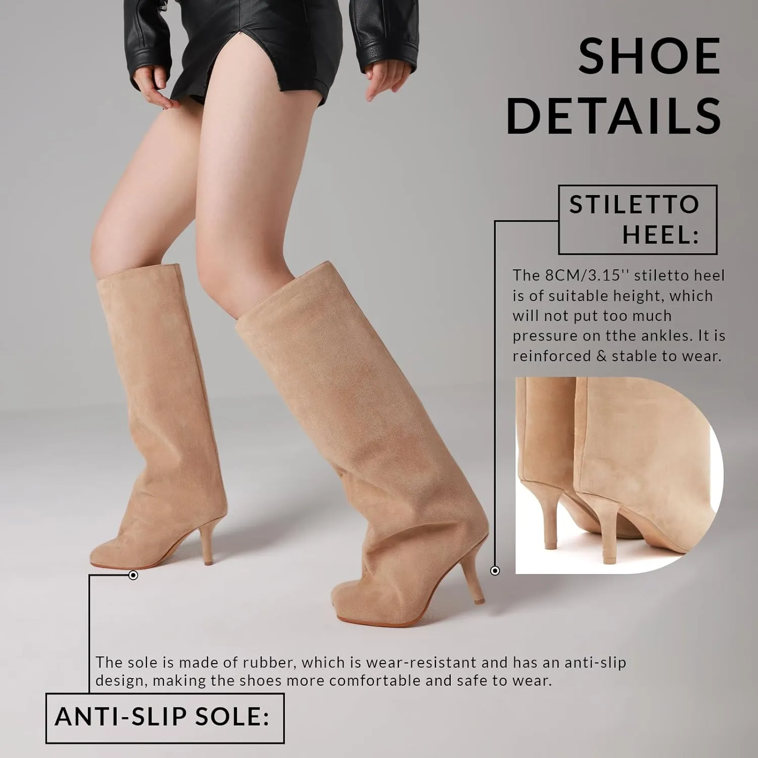 CYNLLIO Suede Boots Knee High Boots Women Square Toe Stiletto Heel Tall Boots Wide Calf Long Boots Heeled Slouchy Boots Winter Boots Warm Walking Office Shoes