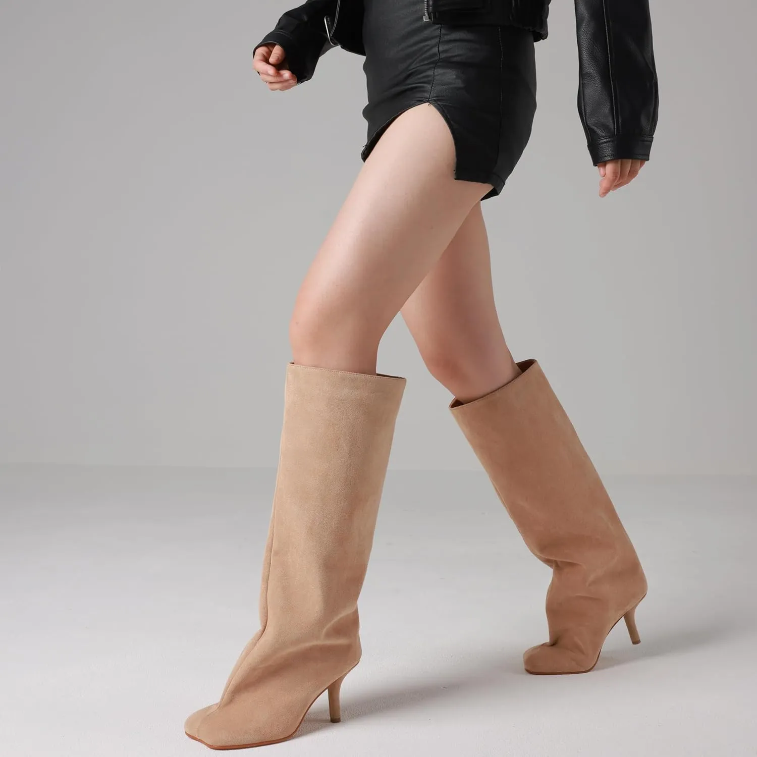CYNLLIO Suede Boots Knee High Boots Women Square Toe Stiletto Heel Tall Boots Wide Calf Long Boots Heeled Slouchy Boots Winter Boots Warm Walking Office Shoes