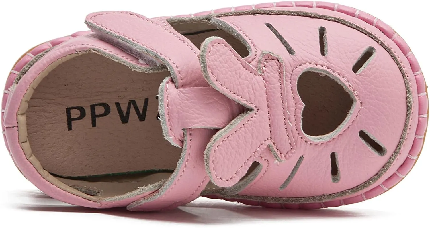 DADAWEN Toddler Girls Leather Closed Toe Summer Sandals Lightweight Non-Slip Soft Sole Cute Flat Shoes Baby Flower Girl Shoes
