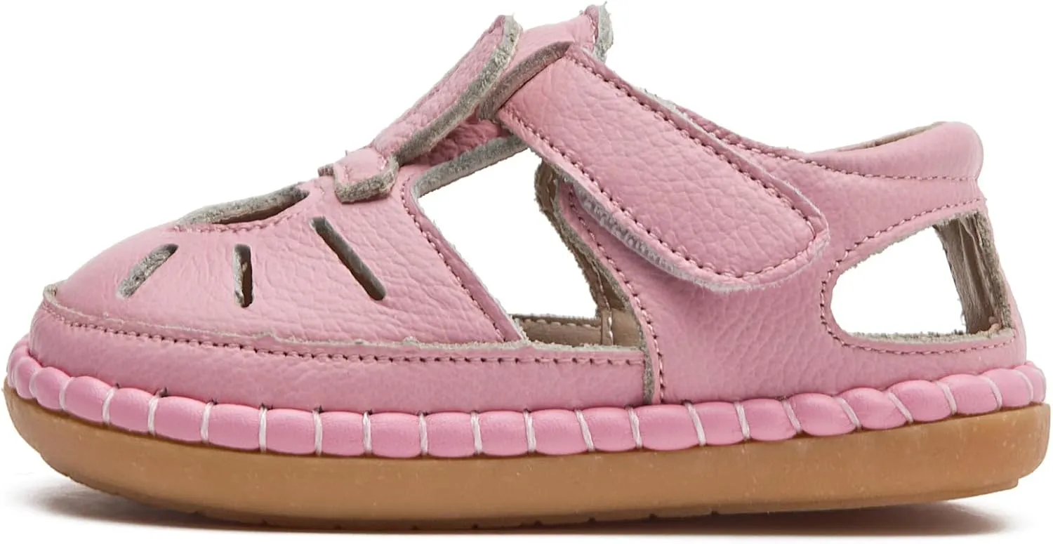 DADAWEN Toddler Girls Leather Closed Toe Summer Sandals Lightweight Non-Slip Soft Sole Cute Flat Shoes Baby Flower Girl Shoes