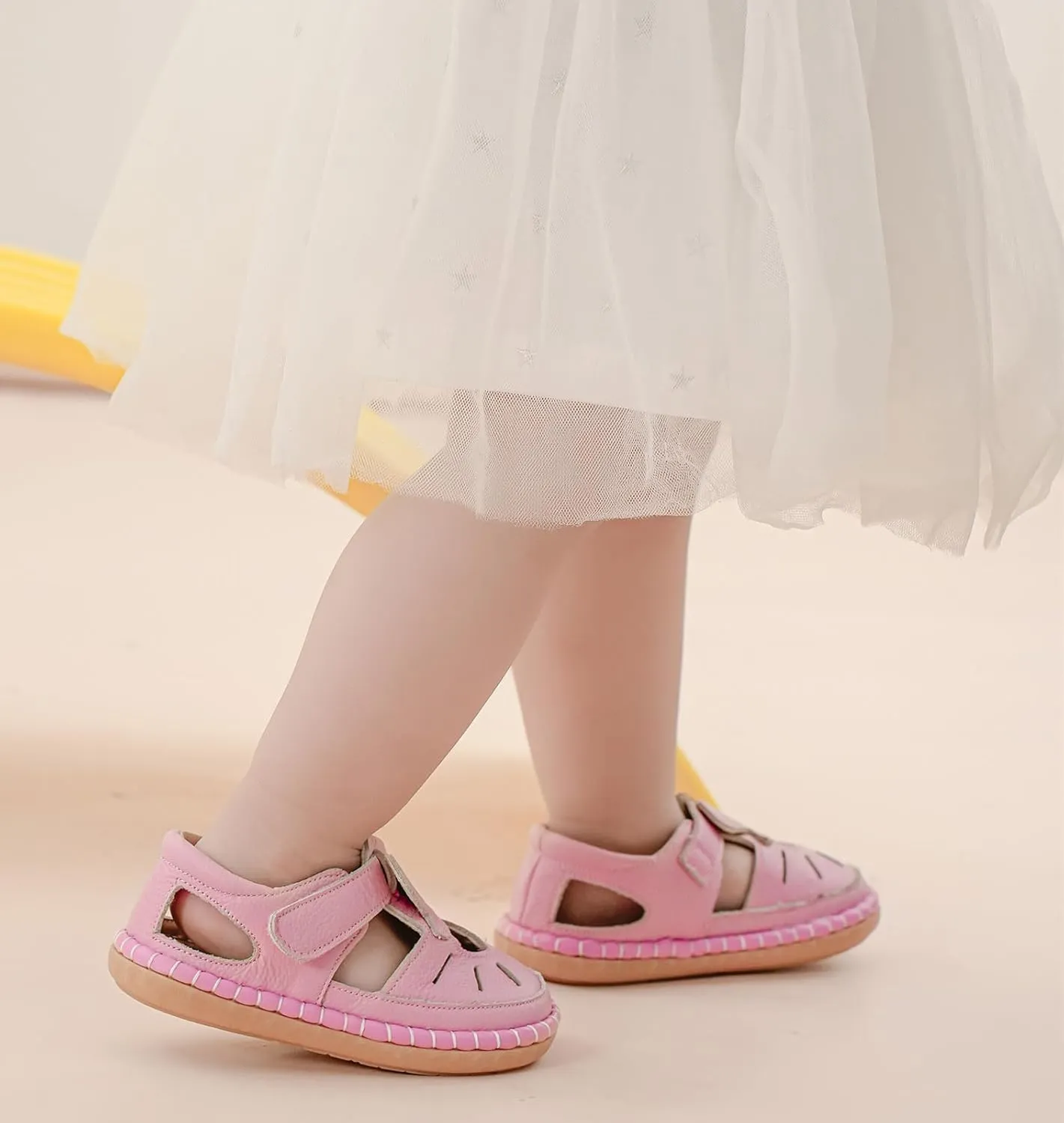DADAWEN Toddler Girls Leather Closed Toe Summer Sandals Lightweight Non-Slip Soft Sole Cute Flat Shoes Baby Flower Girl Shoes