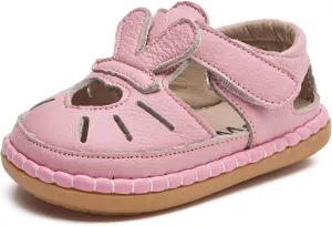DADAWEN Toddler Girls Leather Closed Toe Summer Sandals Lightweight Non-Slip Soft Sole Cute Flat Shoes Baby Flower Girl Shoes