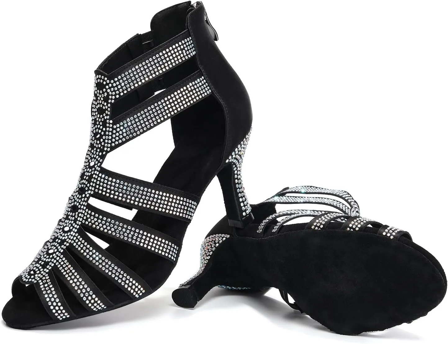 Dance Boots for Women Latin Salsa Ballroom Performance Dress Shoes 3 Inch Heel Rhinestones Suede Sole Dance Shoes