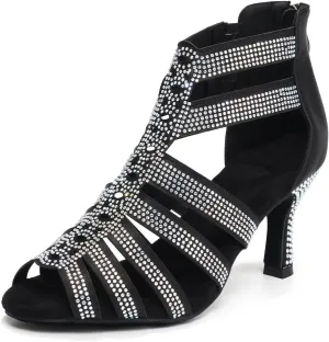 Dance Boots for Women Latin Salsa Ballroom Performance Dress Shoes 3 Inch Heel Rhinestones Suede Sole Dance Shoes