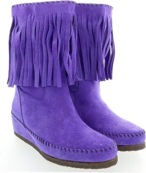 Daniela Fargion Fuschia Suede Suede Mid Calf Low Wedge Heel Boots- for Womens