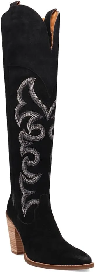 Dingo Womens Primadonna Embroidered Snip Toe Zippered Casual Boots Over the Knee High Heel 3" & Up - Brown