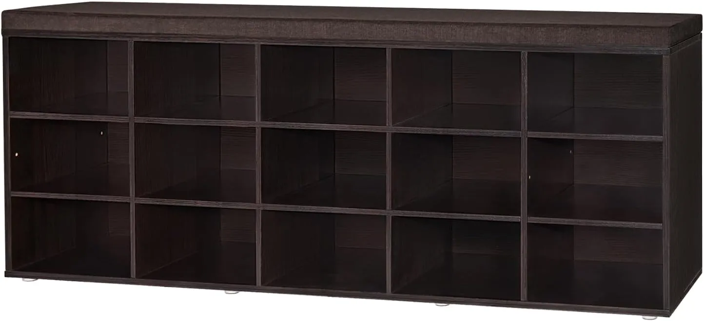 DINZI LVJ Shoe Storage Bench with Cushion, 15-Cubby Shoe Rack, Adjustable Shelves, Long Shoe Organizer Bench for Entryway, Mudroom, Hallway, Living Room, Bedroom and Garage