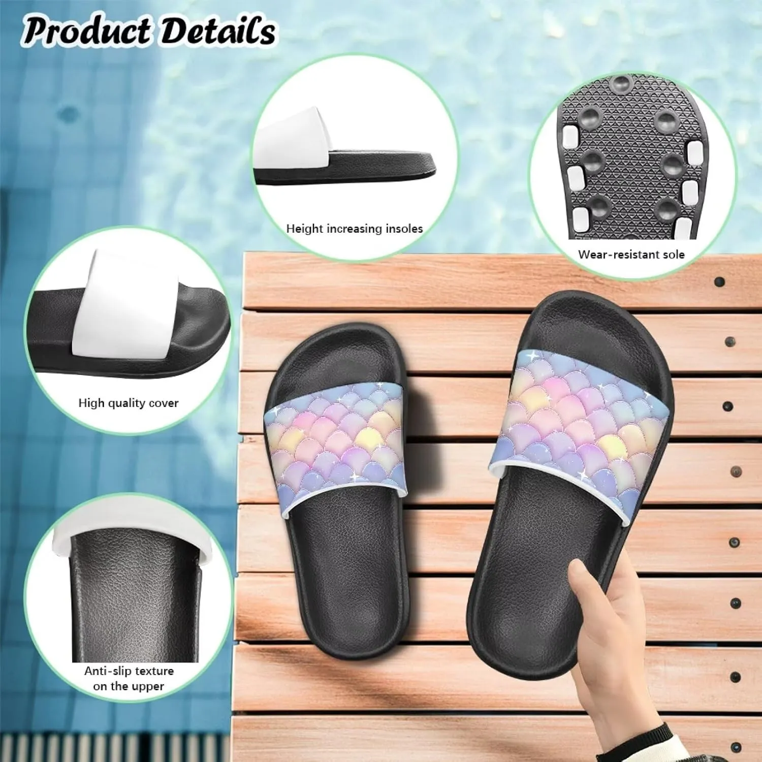 Doojoayie Wide Fit Slides for Kids Girls Colorful Beach Shoes for Water Play Non Slip