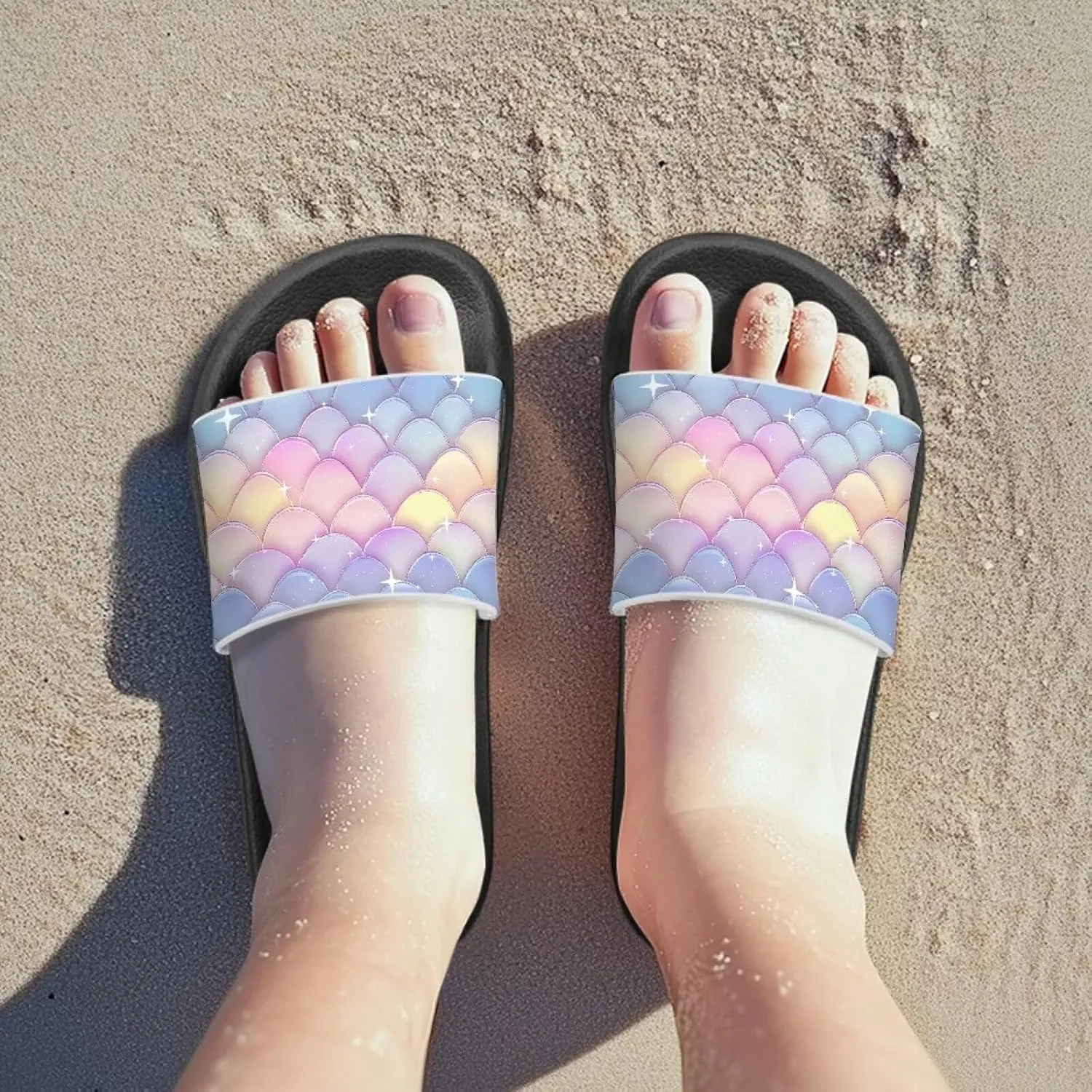 Doojoayie Wide Fit Slides for Kids Girls Colorful Beach Shoes for Water Play Non Slip