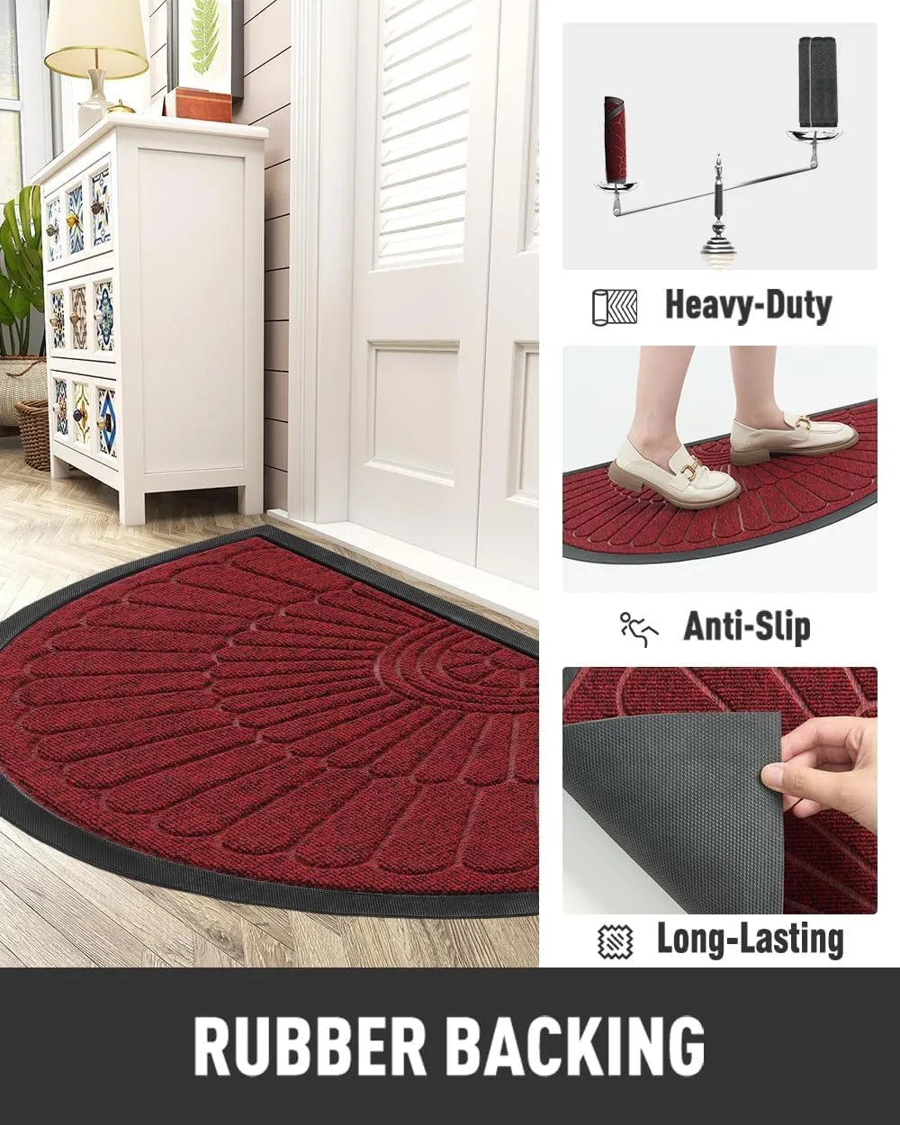 Door Mat Outdoor Indoor Entrance Doormat-Semicircular Durable Rubber Non Slip Front Door Mats for Outside Inside Entry Entryway Dirt Trapper Welcome Mat for Muddy Paws and Shoes-Red 24”x47”
