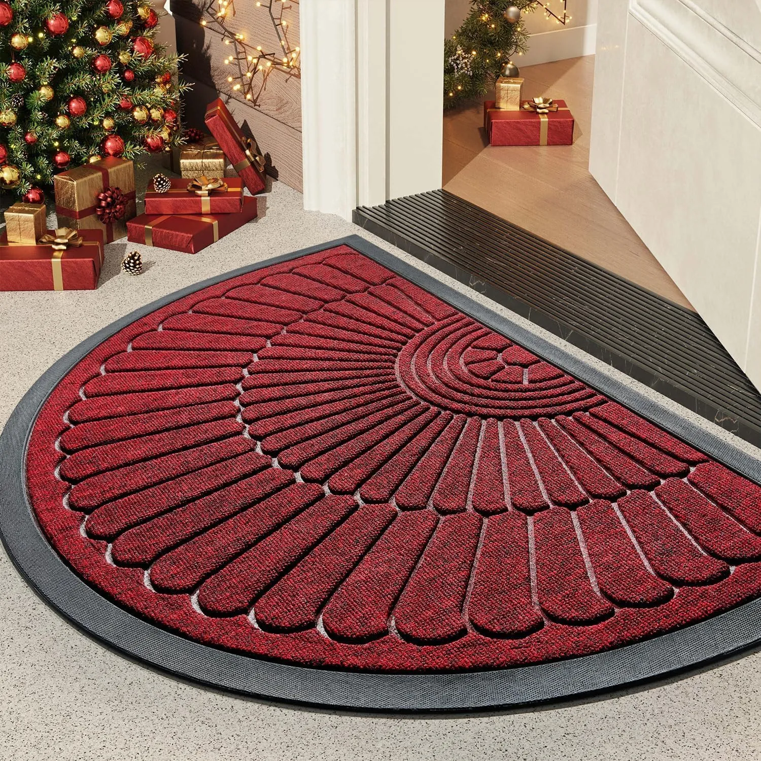 Door Mat Outdoor Indoor Entrance Doormat-Semicircular Durable Rubber Non Slip Front Door Mats for Outside Inside Entry Entryway Dirt Trapper Welcome Mat for Muddy Paws and Shoes-Red 24”x47”