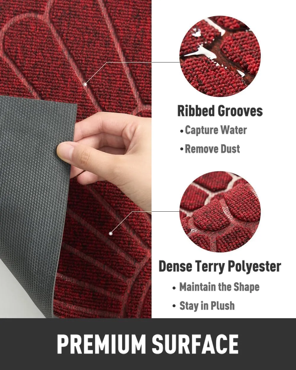 Door Mat Outdoor Indoor Entrance Doormat-Semicircular Durable Rubber Non Slip Front Door Mats for Outside Inside Entry Entryway Dirt Trapper Welcome Mat for Muddy Paws and Shoes-Red 24”x47”
