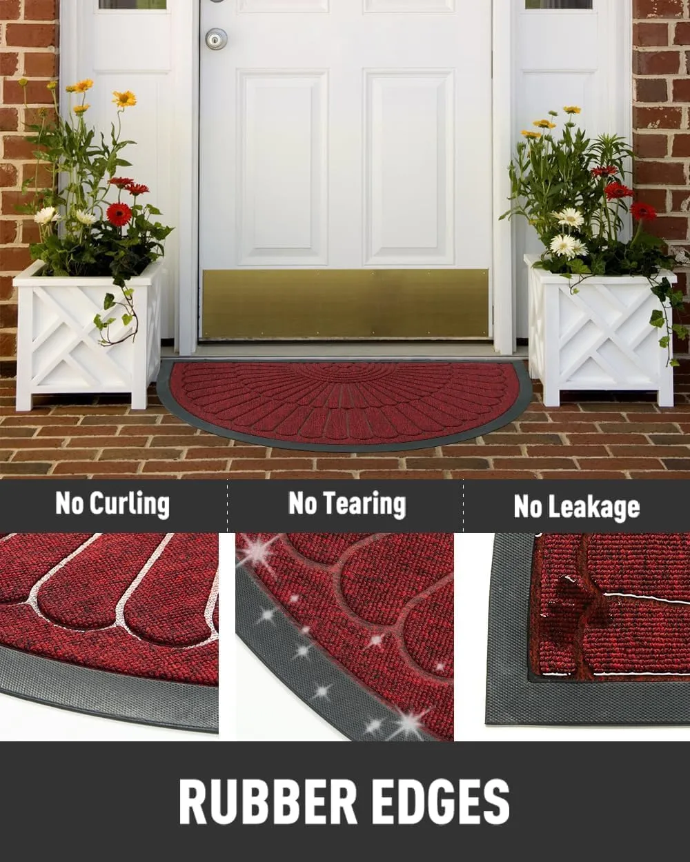 Door Mat Outdoor Indoor Entrance Doormat-Semicircular Durable Rubber Non Slip Front Door Mats for Outside Inside Entry Entryway Dirt Trapper Welcome Mat for Muddy Paws and Shoes-Red 24”x47”