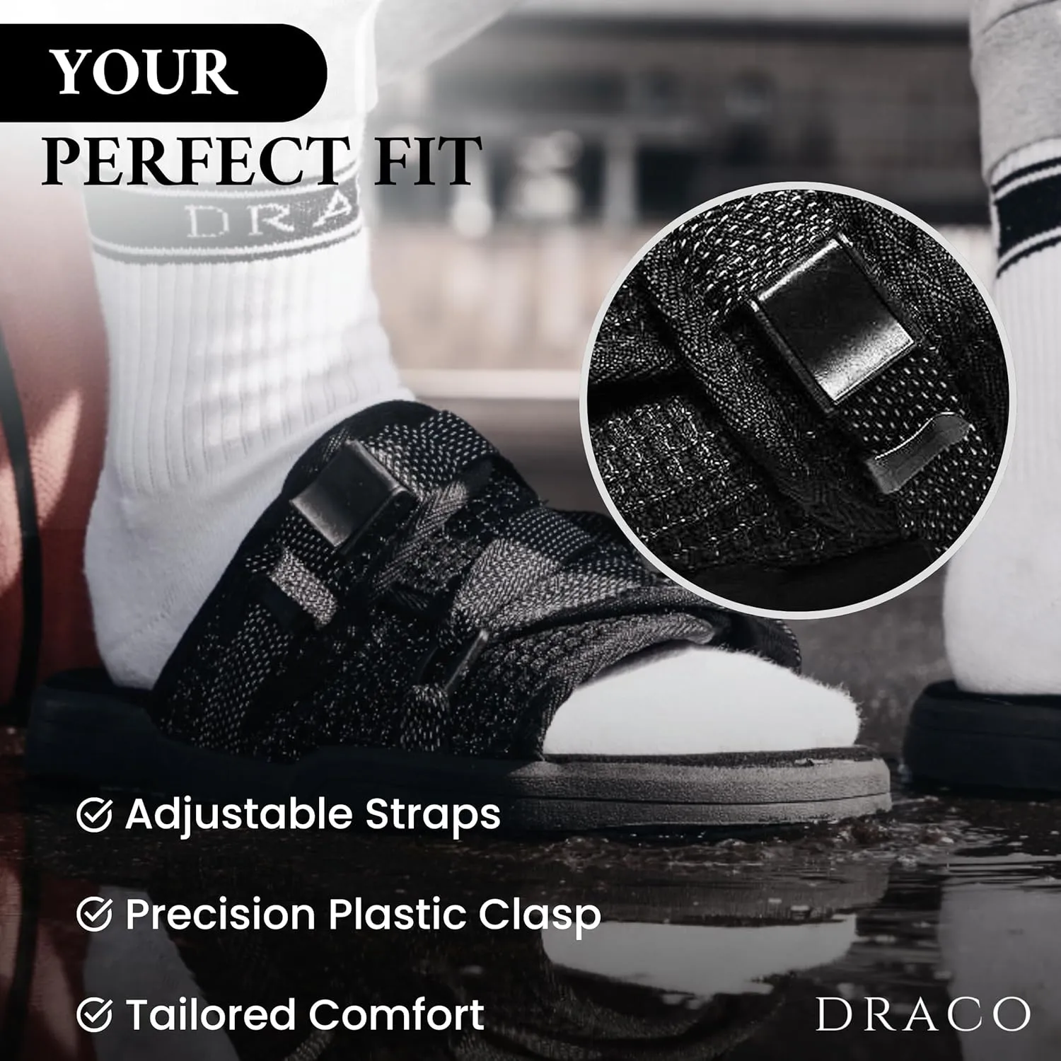 DracoSlides Reflective Slides for Men and Women, Wrapped in Reflective 3M with Adjustable Straps for Wide/Narrow Feet, Sandals with Arch Support & Slip Resistant, Men & Women Footwear, Black