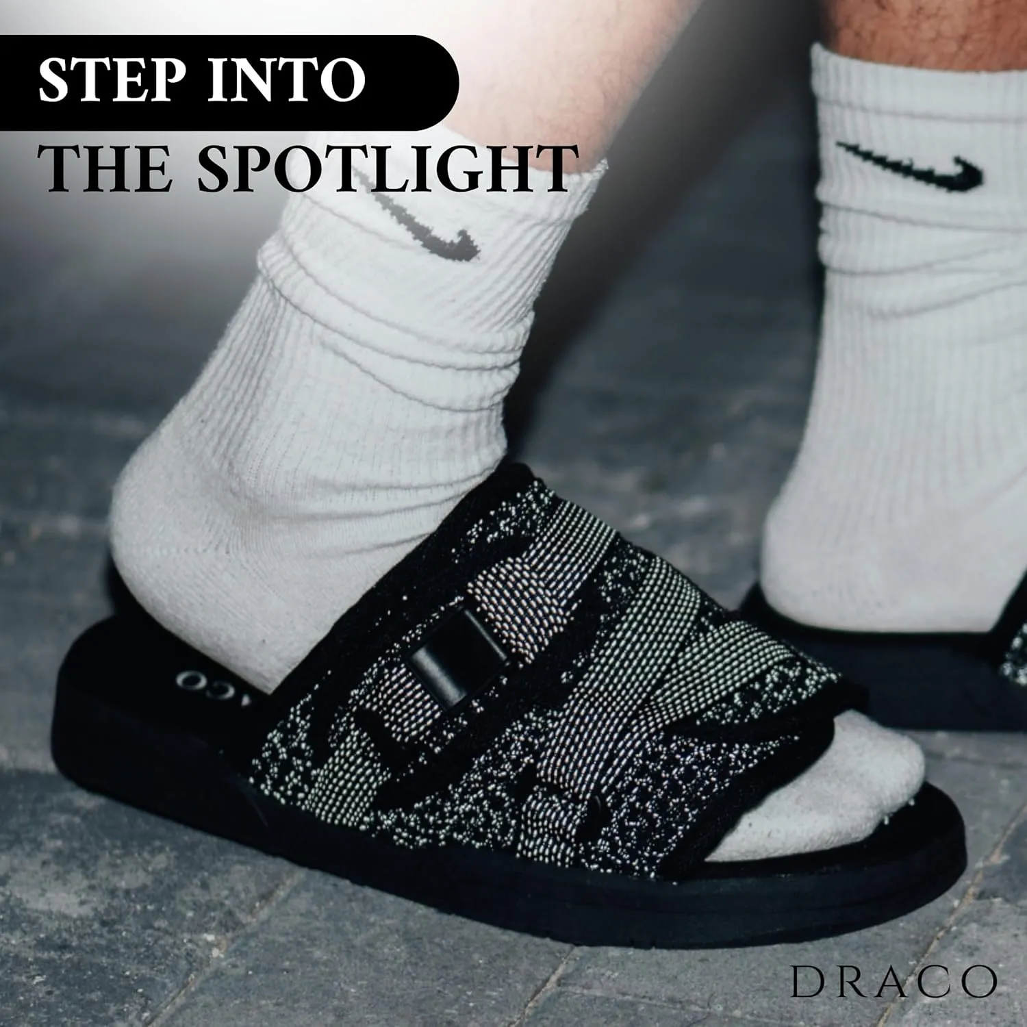 DracoSlides Reflective Slides for Men and Women, Wrapped in Reflective 3M with Adjustable Straps for Wide/Narrow Feet, Sandals with Arch Support & Slip Resistant, Men & Women Footwear, Black