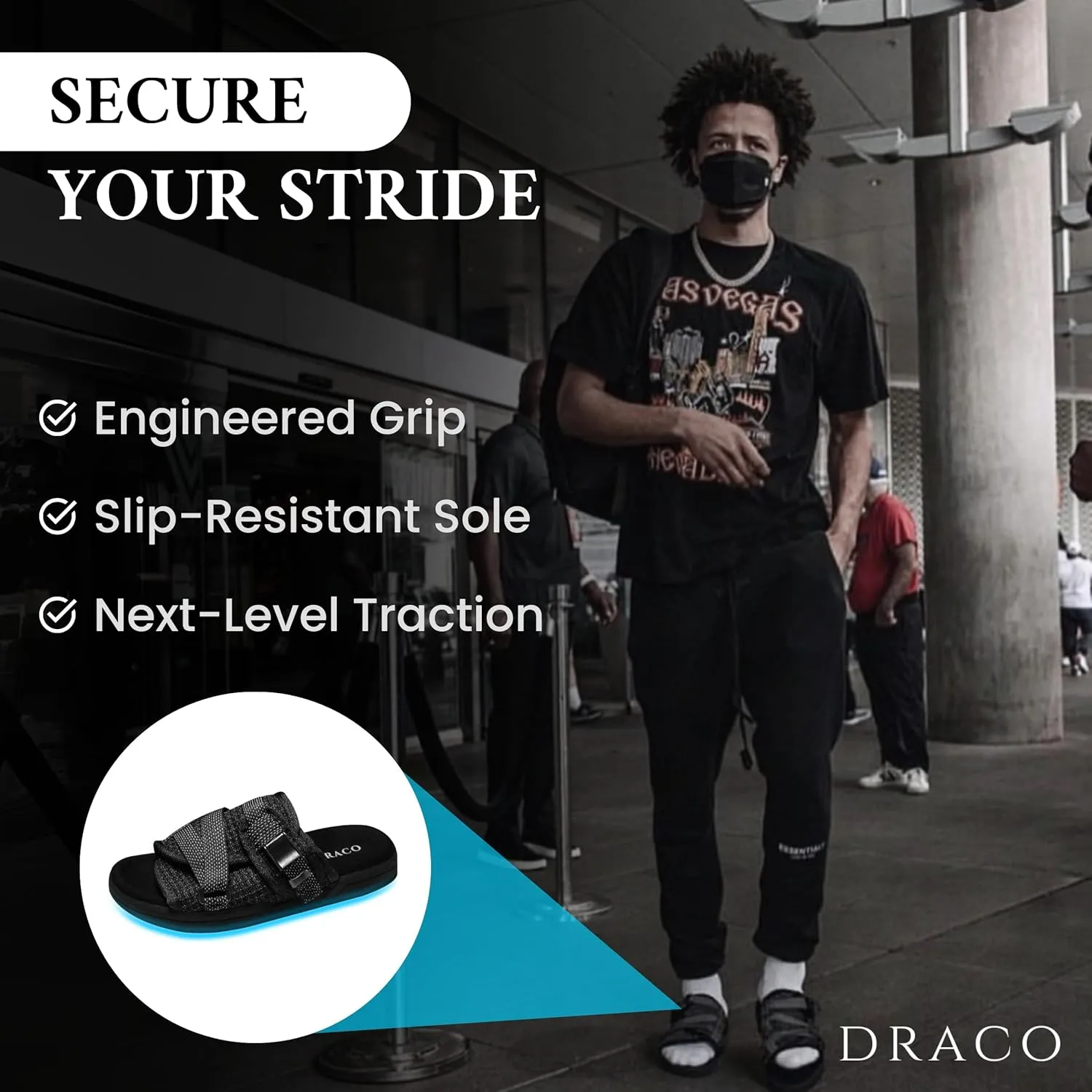 DracoSlides Reflective Slides for Men and Women, Wrapped in Reflective 3M with Adjustable Straps for Wide/Narrow Feet, Sandals with Arch Support & Slip Resistant, Men & Women Footwear, Black