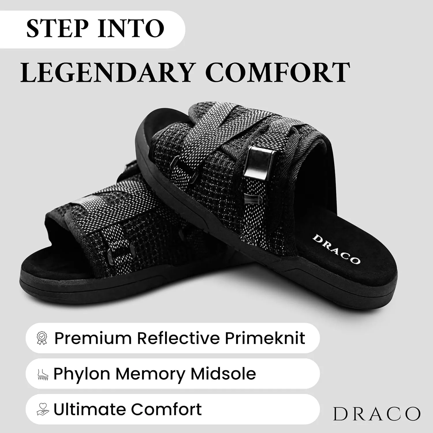 DracoSlides Reflective Slides for Men and Women, Wrapped in Reflective 3M with Adjustable Straps for Wide/Narrow Feet, Sandals with Arch Support & Slip Resistant, Men & Women Footwear, Black