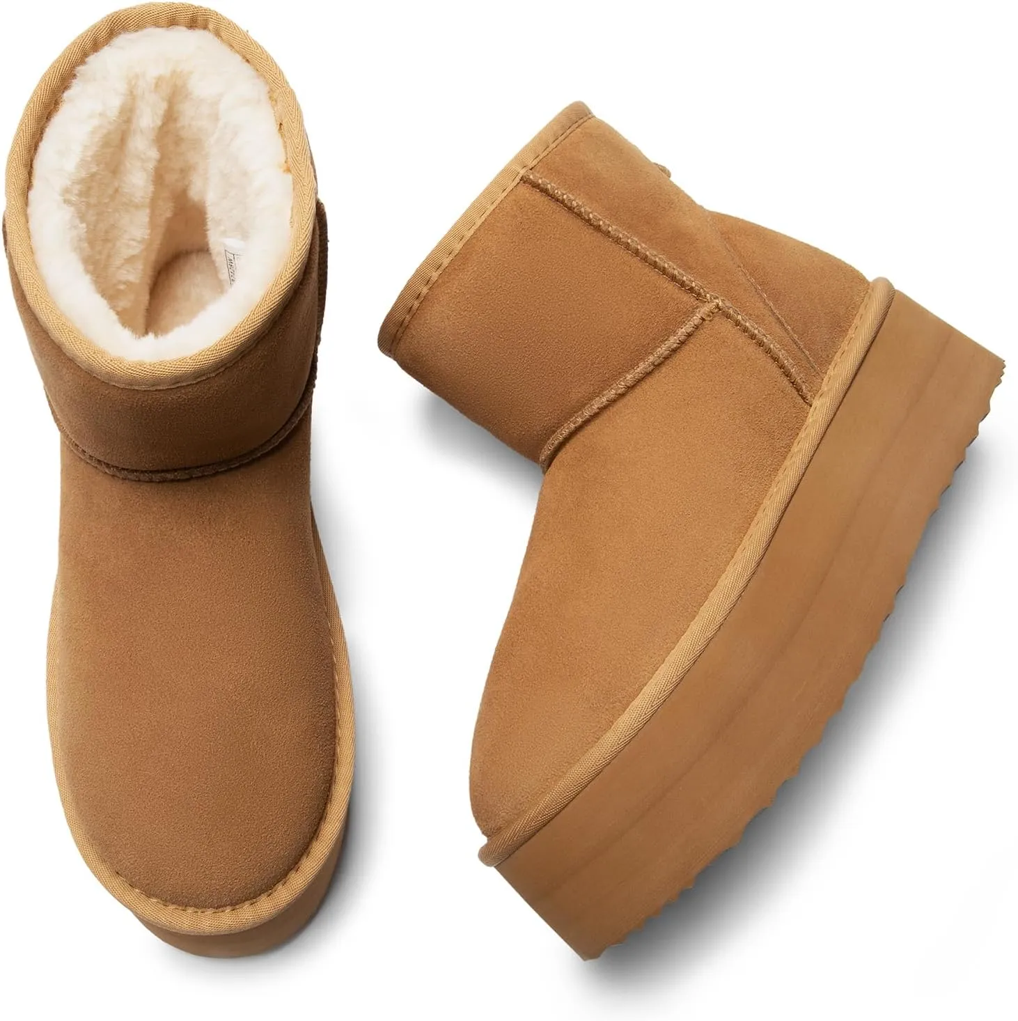 DREAM PAIRS Genuine Suede Classic Platform Boots for Women Water Resistant FuzzyClassic Ankle Winter Snow Low Boots with DIY Bows Faux Fur Lining Memory Foam Anti-Slip