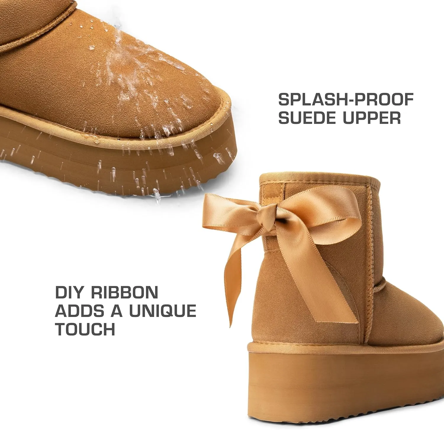 DREAM PAIRS Genuine Suede Classic Platform Boots for Women Water Resistant FuzzyClassic Ankle Winter Snow Low Boots with DIY Bows Faux Fur Lining Memory Foam Anti-Slip