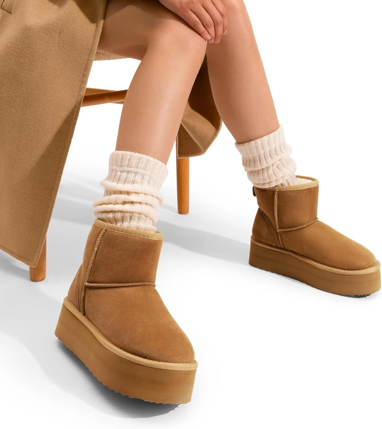 DREAM PAIRS Genuine Suede Classic Platform Boots for Women Water Resistant FuzzyClassic Ankle Winter Snow Low Boots with DIY Bows Faux Fur Lining Memory Foam Anti-Slip