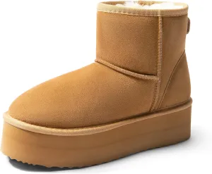 DREAM PAIRS Genuine Suede Classic Platform Boots for Women Water Resistant FuzzyClassic Ankle Winter Snow Low Boots with DIY Bows Faux Fur Lining Memory Foam Anti-Slip
