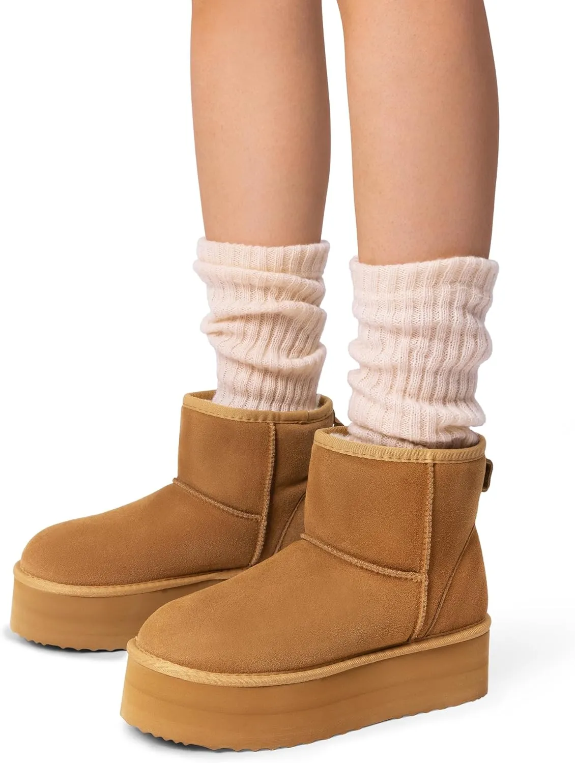 DREAM PAIRS Genuine Suede Classic Platform Boots for Women Water Resistant FuzzyClassic Ankle Winter Snow Low Boots with DIY Bows Faux Fur Lining Memory Foam Anti-Slip