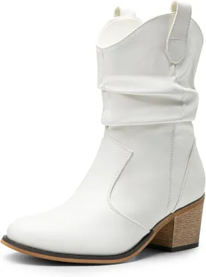 DREAM PAIRS Women's Modern Western Cowboy Boots, Mid Calf Round toe Chunky Heel Cowgirl Country Ankle Boots with Pull On Tabs