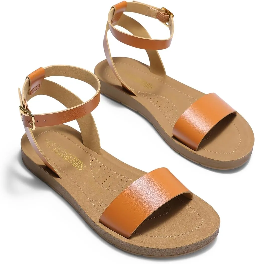 DREAM PAIRS Women’s One Band Ankle Strap Buckle Flat Sandals