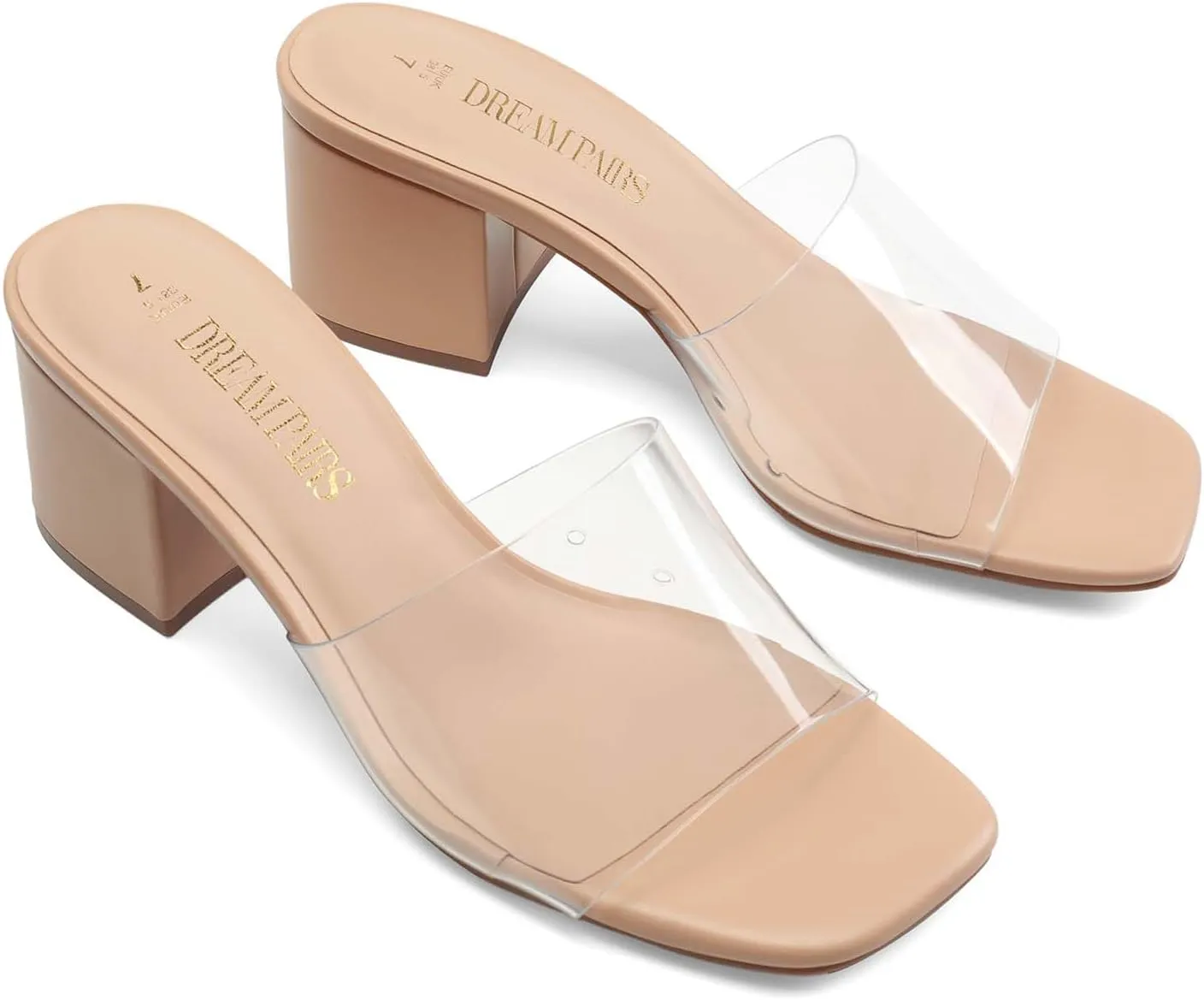 DREAM PAIRS Women's Square Open Toe Heels Sandals Low Block Chunky Heeled Sandals Slide Sandals Slip on Comfortable Casual Pumps Shoes