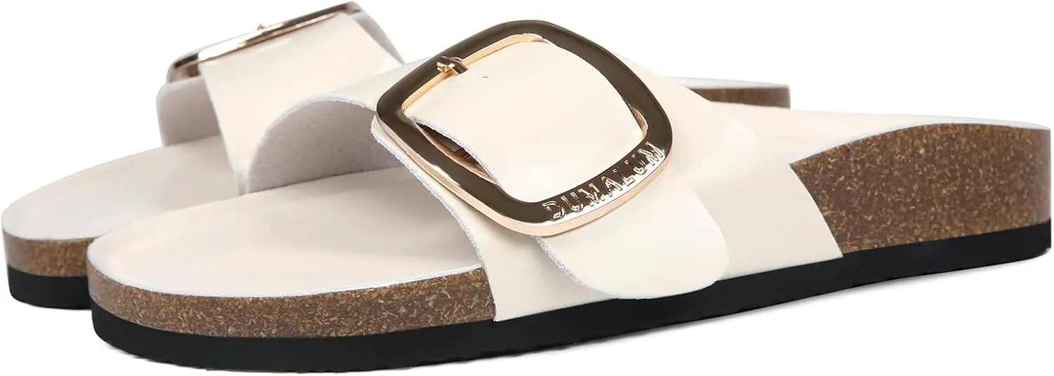 Dumalum Womens Slides Sandals Cork Footbed Flat Sandals Comfort Open Toe Buckle Flip Flops Slip On Home Slippers for Dressy Summer Beach Essentials