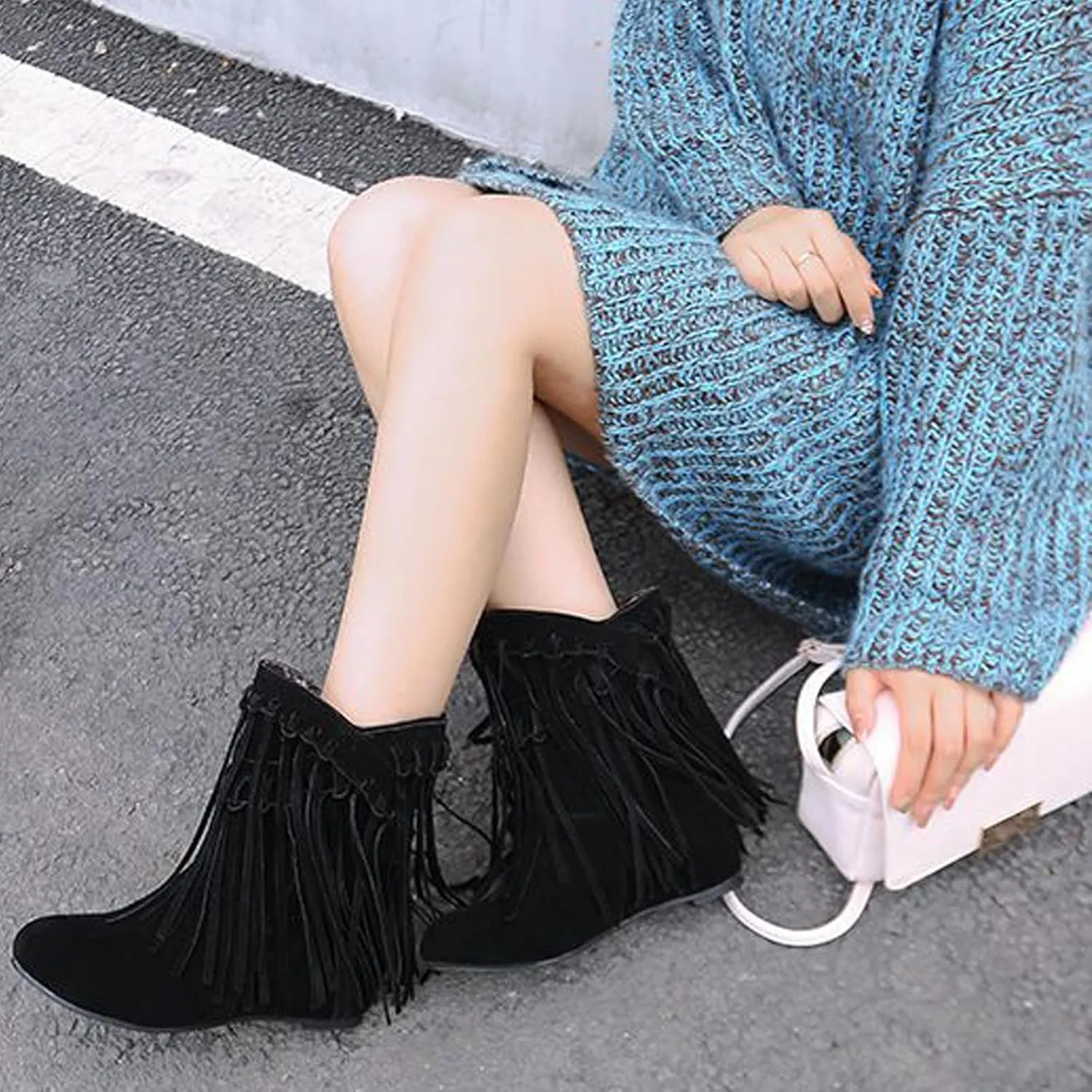 EFTCAL Women's Suede Western Tassel Cowboys Ankle Boots,Hidden Wedge Slip On Booties Casual Fashion Vintage Flat Ankle Boots