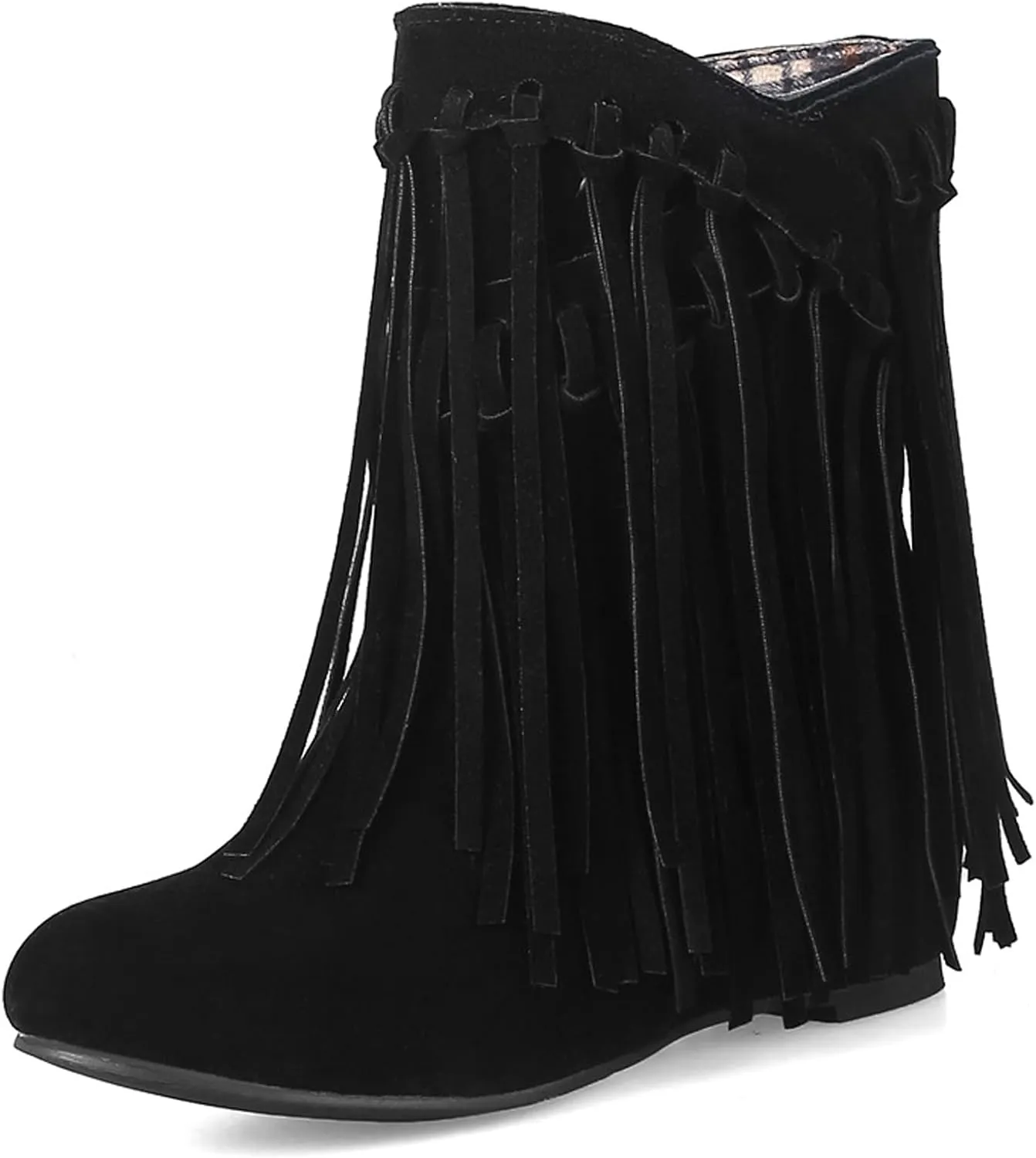 EFTCAL Women's Suede Western Tassel Cowboys Ankle Boots,Hidden Wedge Slip On Booties Casual Fashion Vintage Flat Ankle Boots