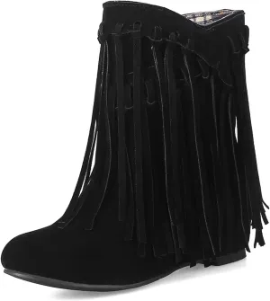 EFTCAL Women's Suede Western Tassel Cowboys Ankle Boots,Hidden Wedge Slip On Booties Casual Fashion Vintage Flat Ankle Boots