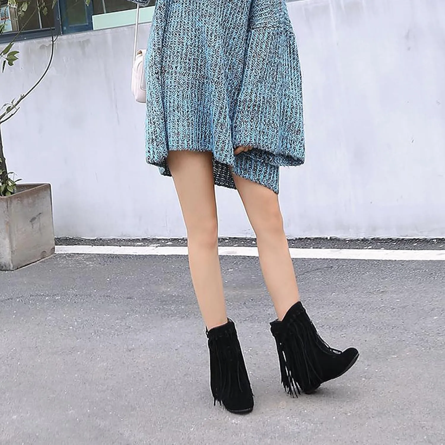 EFTCAL Women's Suede Western Tassel Cowboys Ankle Boots,Hidden Wedge Slip On Booties Casual Fashion Vintage Flat Ankle Boots