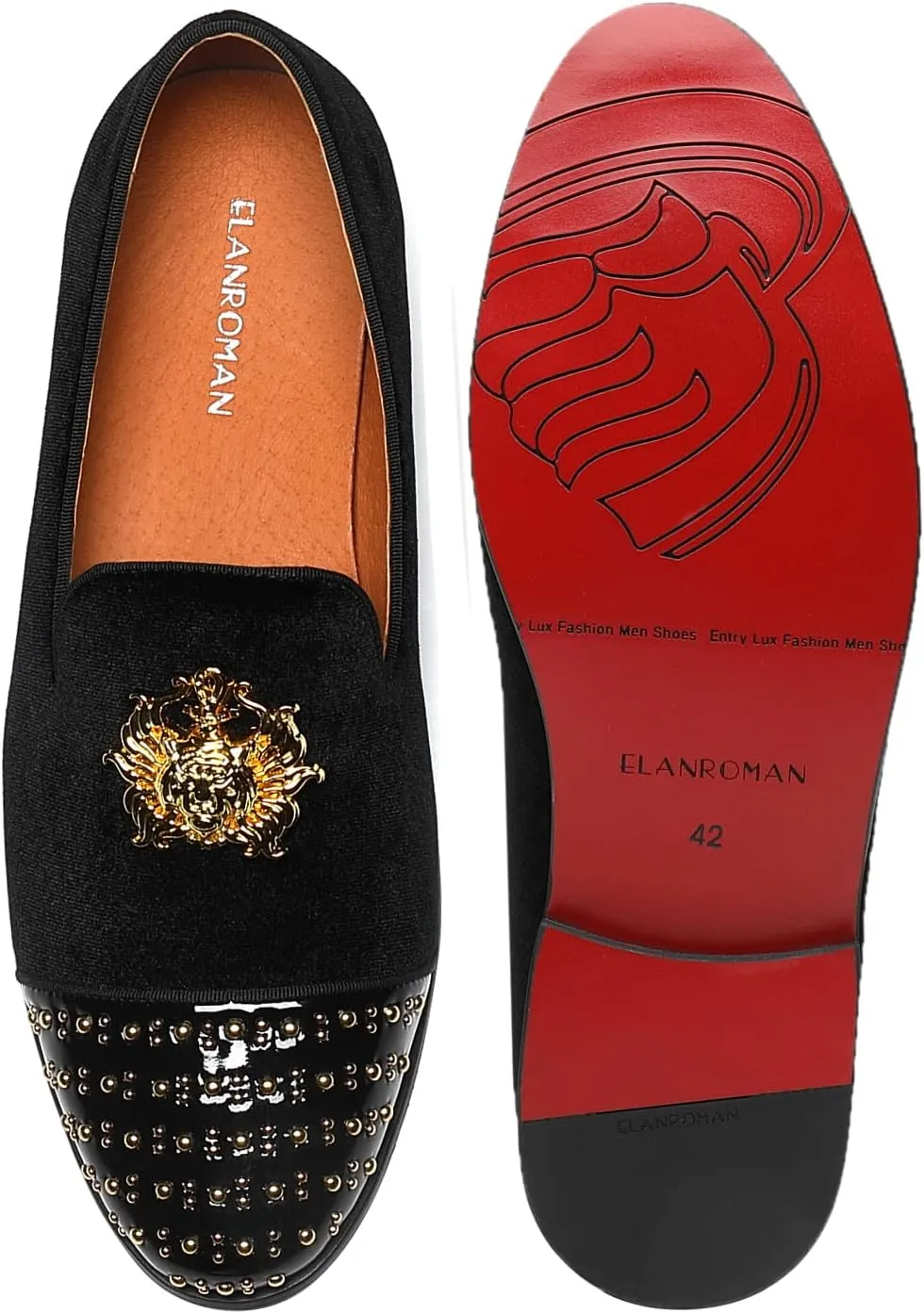 ELANROMAN Men's Loafers Gold Buckle Wedding Party Prom Velvet Dress Shoes