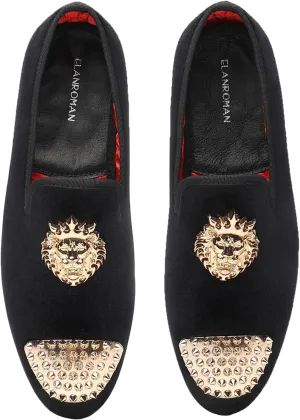 ELANROMAN Men's Loafers Gold Buckle Wedding Party Prom Velvet Dress Shoes