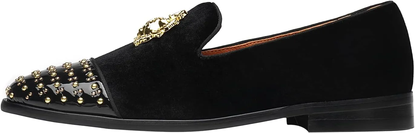 ELANROMAN Men's Loafers Gold Buckle Wedding Party Prom Velvet Dress Shoes