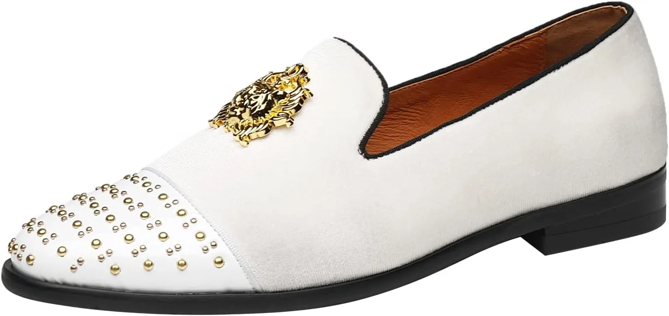ELANROMAN Men's Loafers Gold Buckle Wedding Party Prom Velvet Dress Shoes
