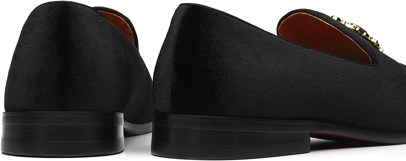 ELANROMAN Men's Loafers Gold Buckle Wedding Party Prom Velvet Dress Shoes