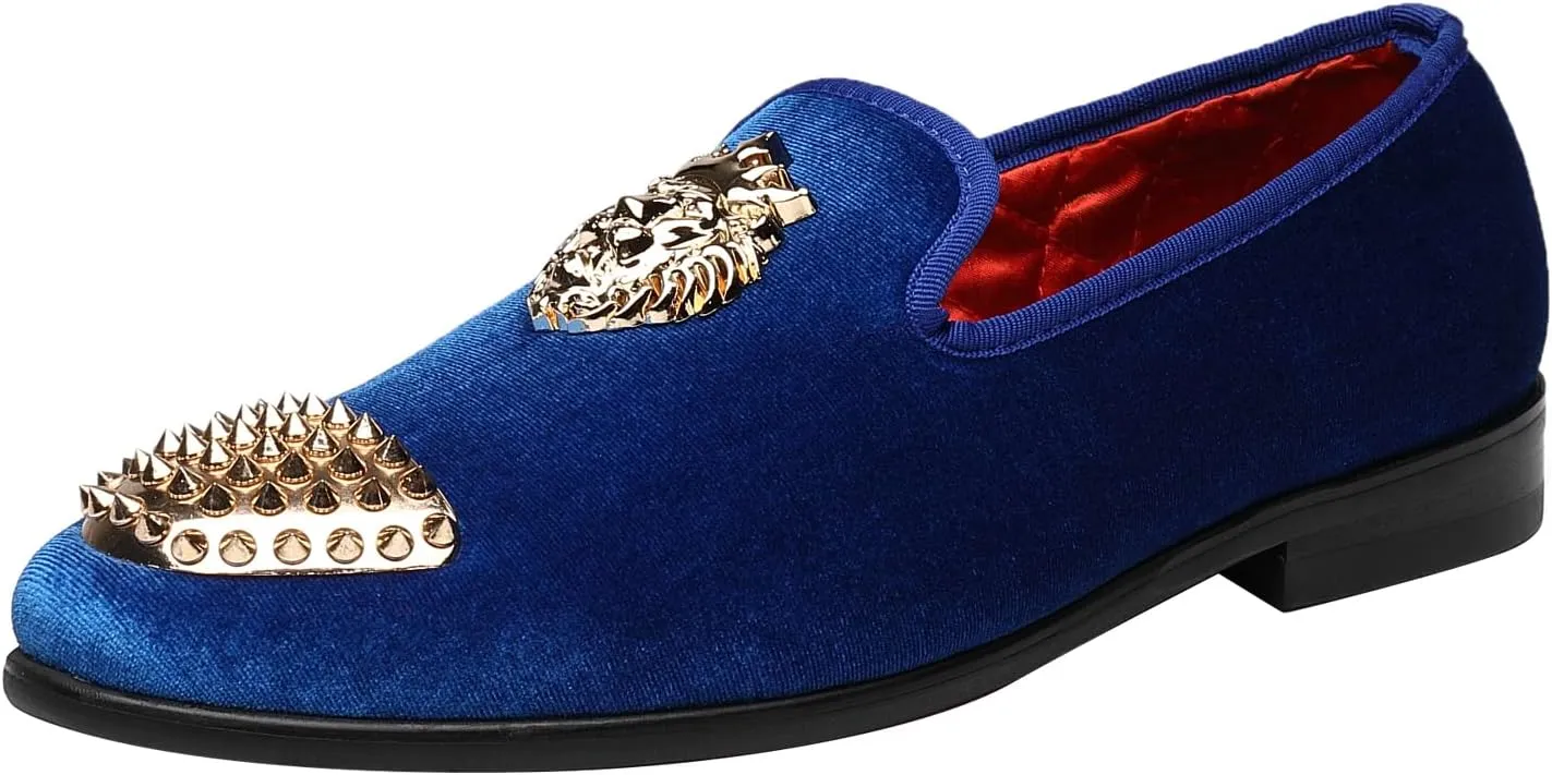 ELANROMAN Men's Loafers Gold Buckle Wedding Party Prom Velvet Dress Shoes