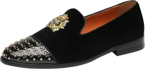 ELANROMAN Men's Loafers Gold Buckle Wedding Party Prom Velvet Dress Shoes