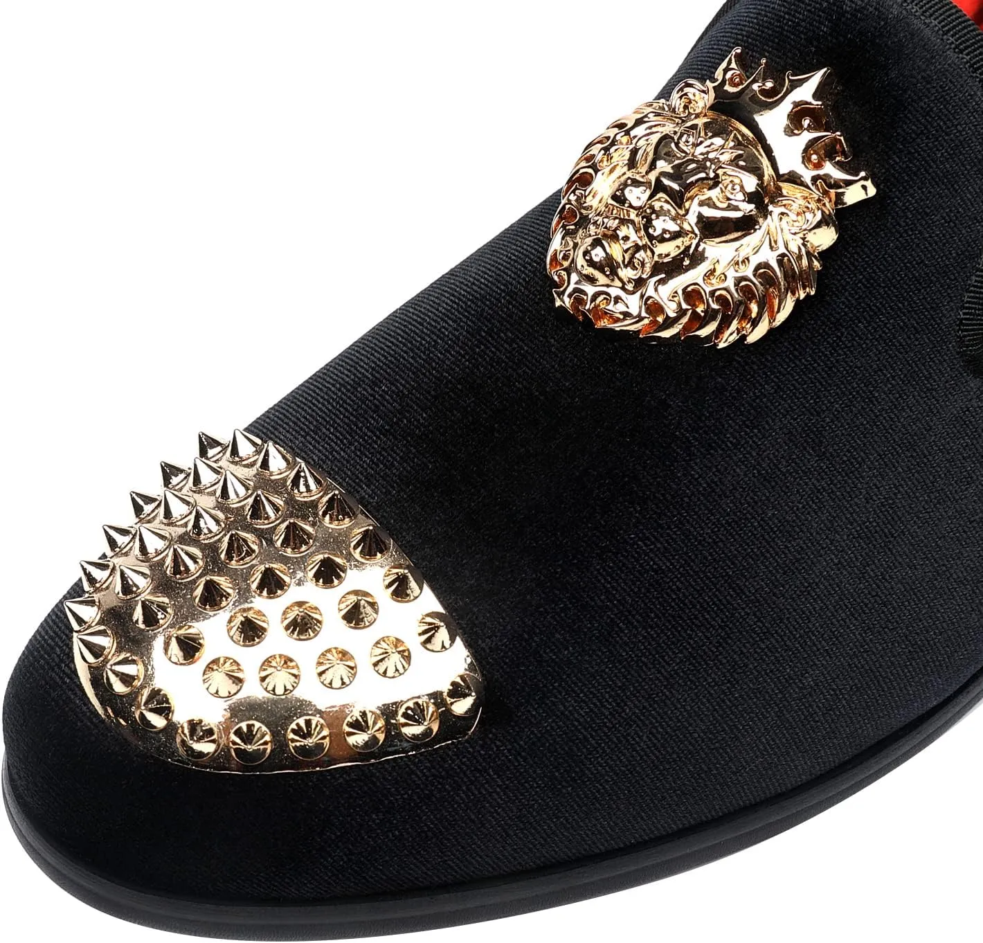 ELANROMAN Men's Loafers Gold Buckle Wedding Party Prom Velvet Dress Shoes