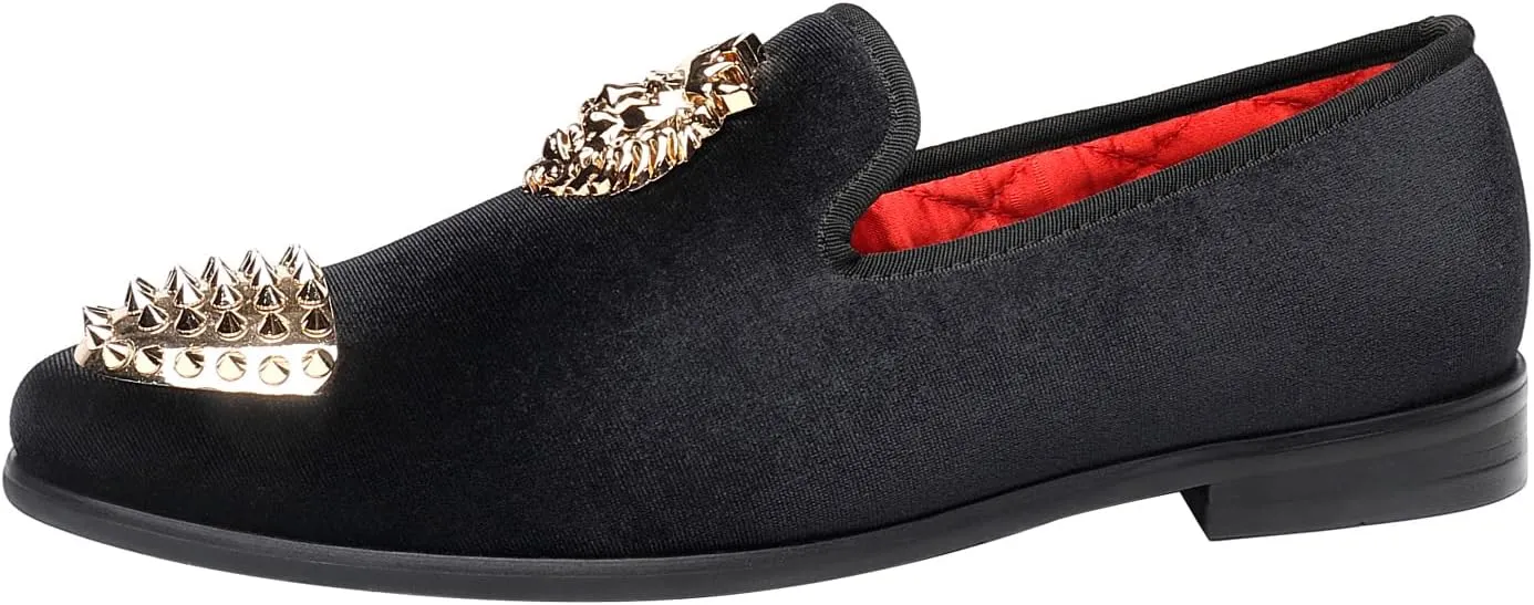 ELANROMAN Men's Loafers Gold Buckle Wedding Party Prom Velvet Dress Shoes