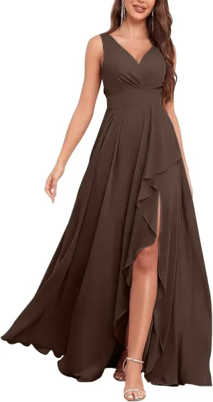 Elegant Chiffon Deep V-Neck Slit Dress - Flowy Layered Ruffled Maxi Gown, Slim-Fit High-Lash Asymmetrical Hem
