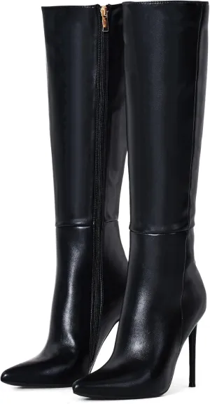 Elisabet Tang 4 inch Women's Knee High Long Boots, Stiletto Tall Pointed Toe Heeled Boot Leather Suede Comfortable Sexy