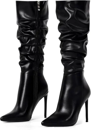 Elisabet Tang Women's Knee High Booties,Faux Suede 4" Stiletto Heel Pointed Toe Knee High Boots Side Zipper Boots Dress Shoes